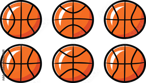 Six orange basketballs with black lines and highlights.