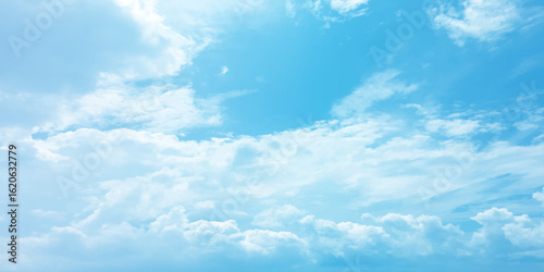 Cloudy blue summer storm  in the sky, watercolor background, horizontal view, beautiful cloudscape, fresh air, nature shining light, sunrise sky, panoramic view, daylight, vast fluffy tiny white sunsh