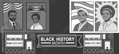 Black History Month tribute with African American leaders and cultural celebration banners representing equality and empowerment