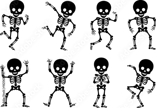 black silhouette vector illustrations of a skeleton dancing