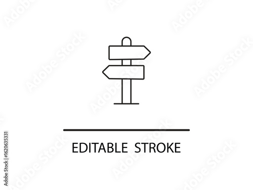 Road sign icon illustration, directional arrows for navigation and orientation, simple graphic with editable stroke for easy customization.