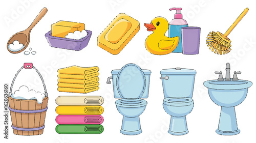 A set of bathroom and cleaning items arranged in two rows.  