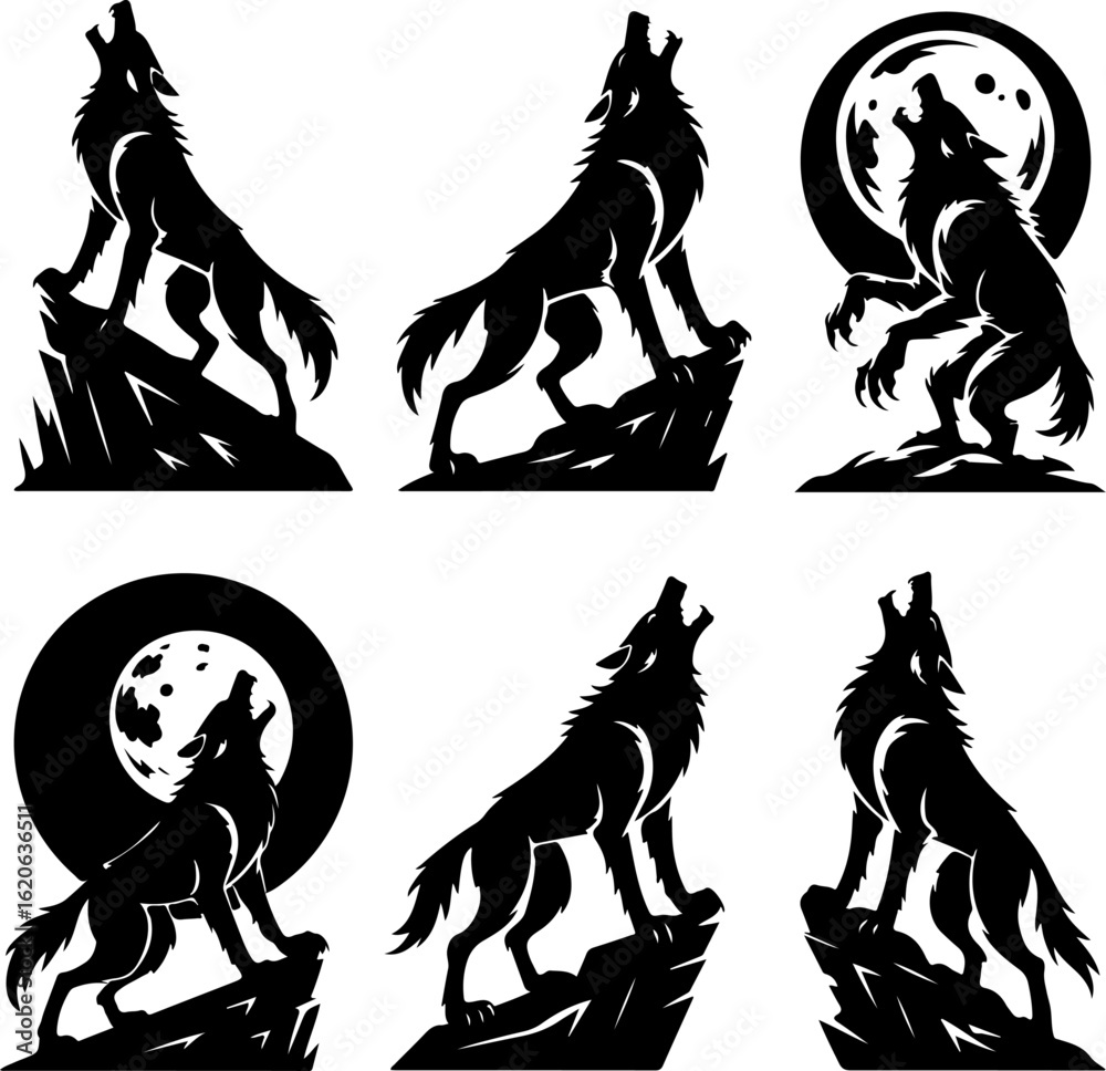 Fototapeta premium black silhouette vector illustrations of a werewolf howling at the moon