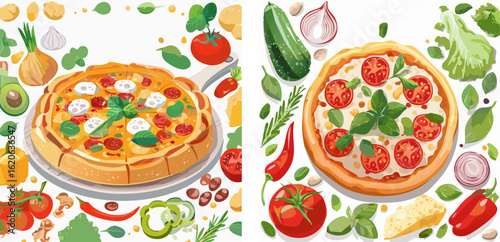 Vibrant illustrations of a pizza and a savory pie surrounded by fresh, colorful vegetable ingredients.
