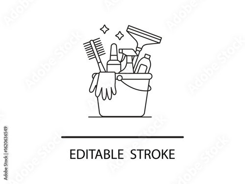 Sparkling clean concept with cleaning supplies in bucket, creating a fresh and tidy feeling, perfect for home or commercial use