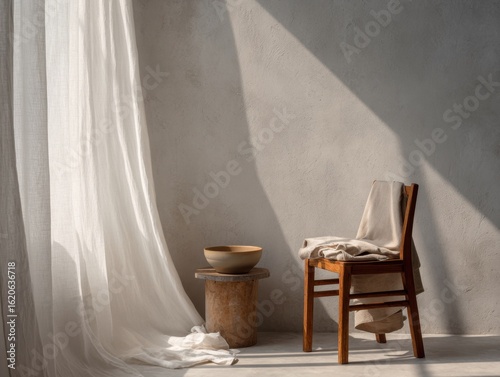 A chair is sitting in front of a window with white curtains. A bowl is on a stool next to the chair