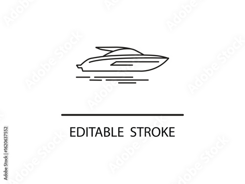 Modern boat line art for nautical designs or yacht club logos, sleek speedboat icon, elegant watercraft illustration, editable stroke for unique designs.