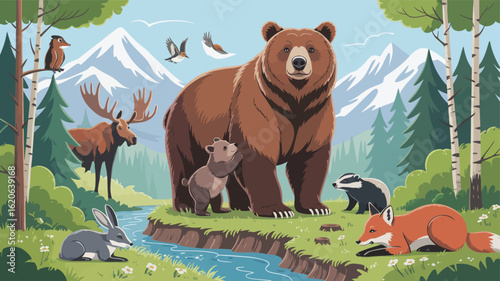 Vector illustration of friendly wild animals in a vibrant mountain forest scene
