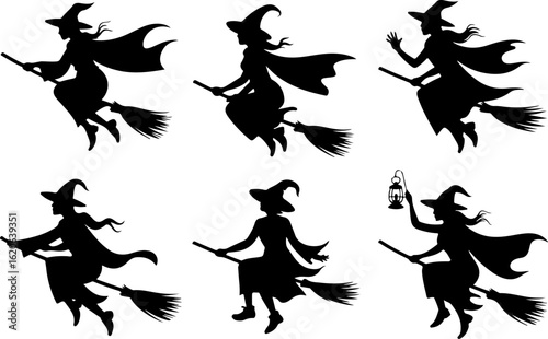 black silhouette vector illustrations of a witch flying on a broomstick