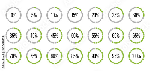 Green and gray color fill pie charts indicator template. Circle graph loading progress set. Percentage infographics elements. Round diagrams icons for infographics from 0 to 100 percent.