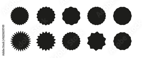 Black circle sticker set. Star burst shape tags for price, shop. Wavy edge promo black badges. Flat vintage labels. Blank sale stickers collection, simple silhouette. Graphic illustration.