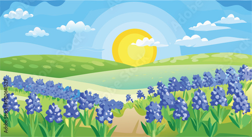 Vibrant Field of Bluebonnets in Full Bloom Under Clear Blue Sky