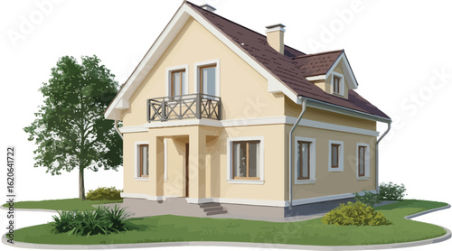 Vector illustration of a classic yellow residential house with a green lawn