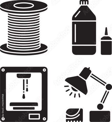 3D Printing Materials and Tools Icon Pack – Filament Roll, Resin Bottle, Print Tray, Cleaning Station, UV Curing Lamp, and Scraper