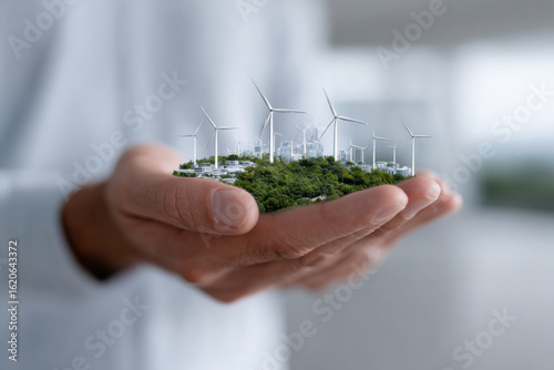 Wallpaper Mural Businessman holding sustainable city with wind turbines generating clean energy Torontodigital.ca