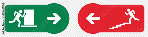 Emergency exit sign set. Man running out fire exit. Running man and exit door sign. Escape help evacuation. Safety vector symbol.