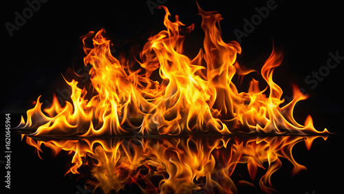 A vivid image showcasing bright orange flames with reflections on a dark and glossy surface below them