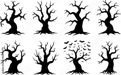 eight pure black silhouette vector illustrations depicting eerie 