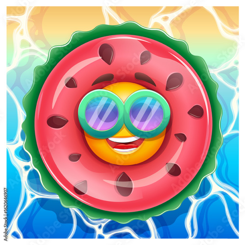 Happy emoji in watermelon inflatable swimming pool ring . Summer emoticon with sunglases swimming on sea waves. Positive vibes, good mood, vacation, travel, holiday concept