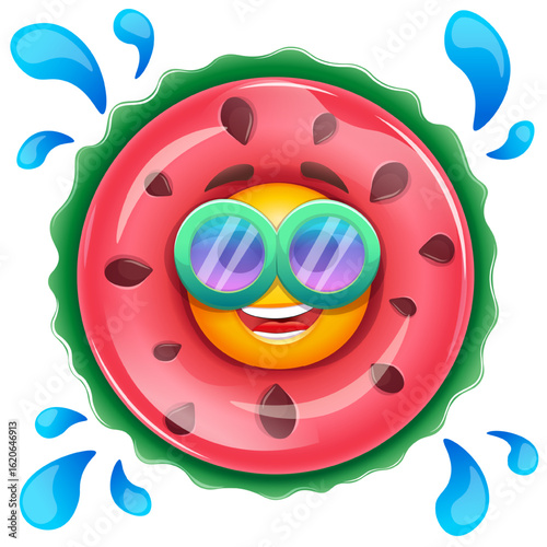 Happy emoji in watermelon inflatable swimming pool ring. Summer emoticon with sunglases on white background. Positive vibes, good mood, vacation, travel, holiday concept