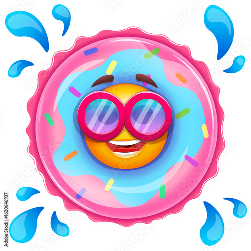 Happy emoji in donut inflatable swimming pool ring. Summer emoticon with sunglases on white background. Positive vibes, good mood, vacation, travel, holiday concept