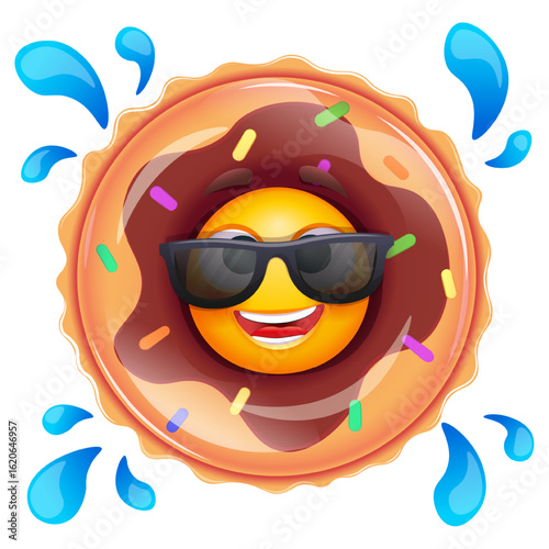 Happy emoji in donut inflatable swimming pool ring. Summer emoticon with sunglases on white background. Positive vibes, good mood, vacation, travel, holiday concept