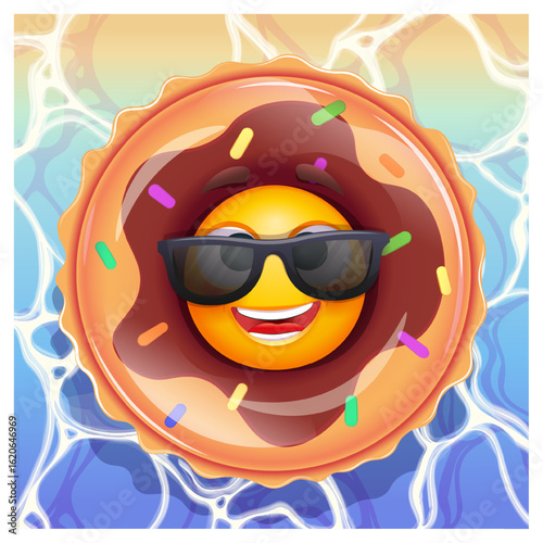 Happy emoji in donut inflatable swimming pool ring. Summer emoticon with sunglases swimming on sea waves. Positive vibes, good mood, vacation, travel, holiday concept