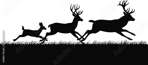 Vector silhouette of a running deer family with buck, doe, and fawn.