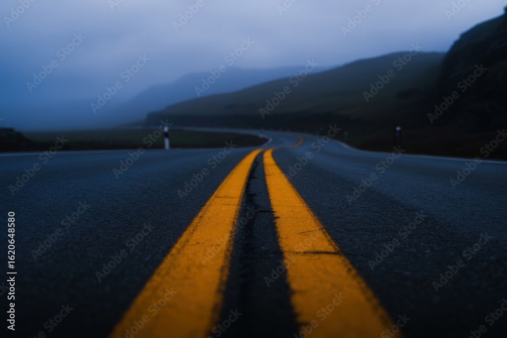 Fototapeta premium A foggy road stretches into the distance, winding through a mountainous landscape