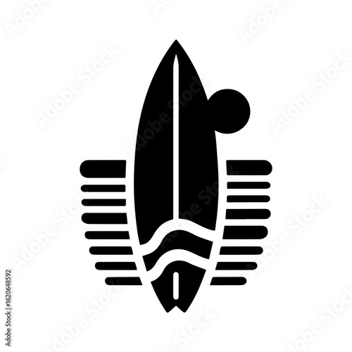Surfboard Icon: Minimalist Black Silhouette on Beach, Sunset, Summer, Ocean Wave, Vector Graphic, Simple Design, Trendy Style