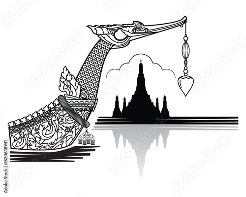 Line art Illustration vector of Bangkok Thailand symbols with Royal barge Suphannahong and Wat Arun Ratchawararam Ratchawaramahawihan temple of dawn drawing in black and white