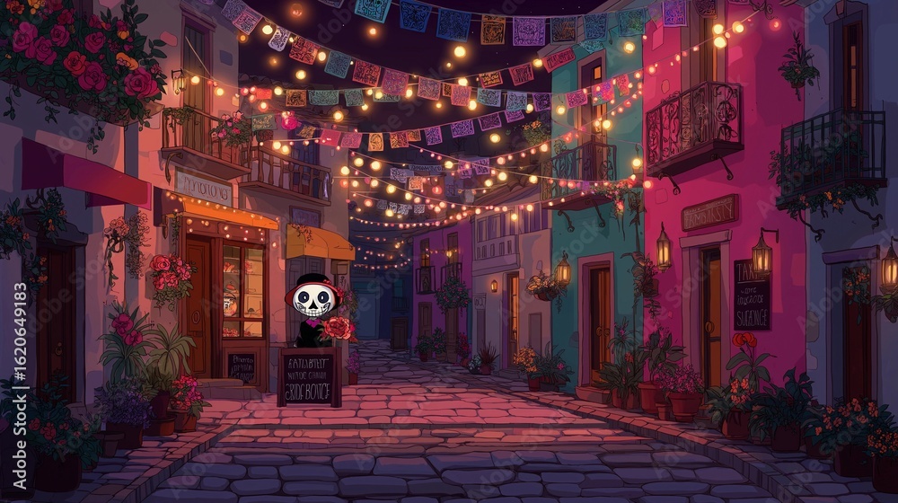 Obraz premium Day of the dead festival street scene with lights and decorations