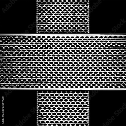 A black and white image featuring a pattern of circles arranged in a grid like structure repeated thrice