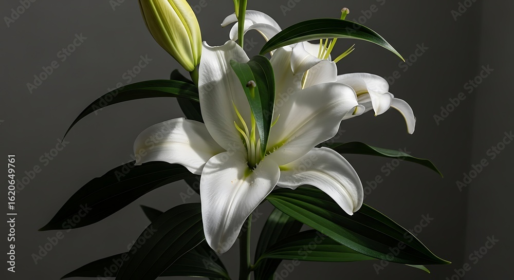 Fototapeta premium A close up of a white lily flower with green leaves and a bud against dark background