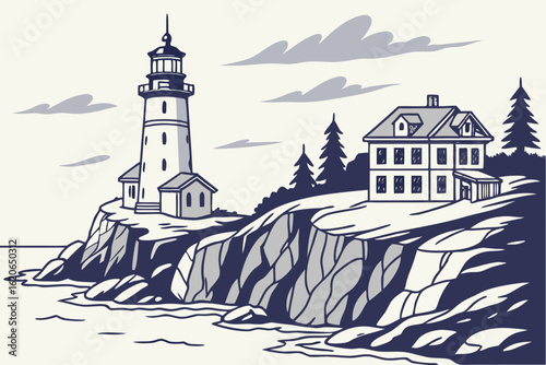 Admire historic lighthouses on the rocky shores of Lake Superior in Minnesota, modern flat illustration style
