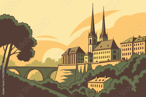Admire sunset light spilling over the rooftops of Luxembourg’s capital, modern flat illustration style