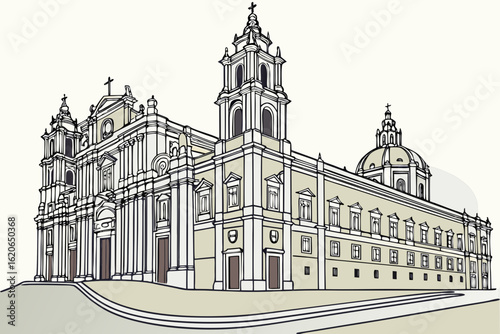 Admire the baroque architecture of Mafra Palace in Portugal, modern flat illustration style
