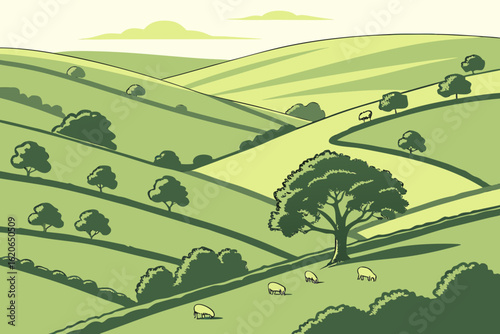 Admiring the lush green hills of Ireland dotted with sheep, modern flat illustration style