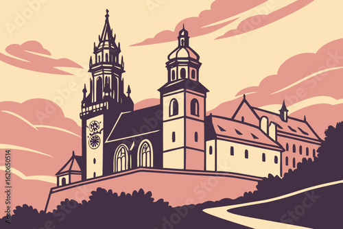 Admiring the gothic architecture of Wawel Castle in Poland at sunset, modern flat illustration style