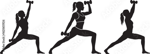 Three athletic women performing dumbbell exercises silhouette