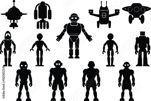 Collection of diverse robot silhouettes in various poses