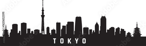 Black and White Tokyo City Skyline Silhouette Illustration
