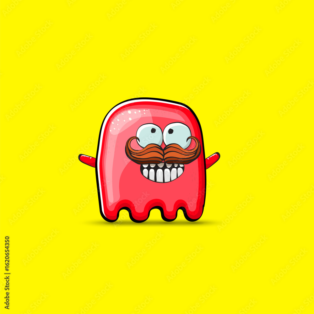 Obraz premium Funny cute smiling red ghost monster isolated on yellow background. Hand drawn cartoon red ghost character with eyes and mouth , cute emoji. Funky Halloween spirit element.