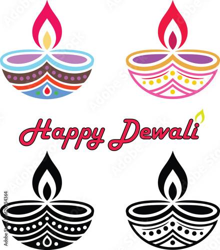 Colorful decorative diwali diya lamps with happy dewali text for holiday celebrations. diwali, deepavali, dia, diya, lamp, oil lamp.
