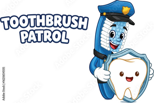 Cheerful Toothbrush Character in Police Uniform Holding a Shield with a Smiling Tooth, Promoting Dental Hygiene and Oral Care for Children in a Fun and Engaging Way