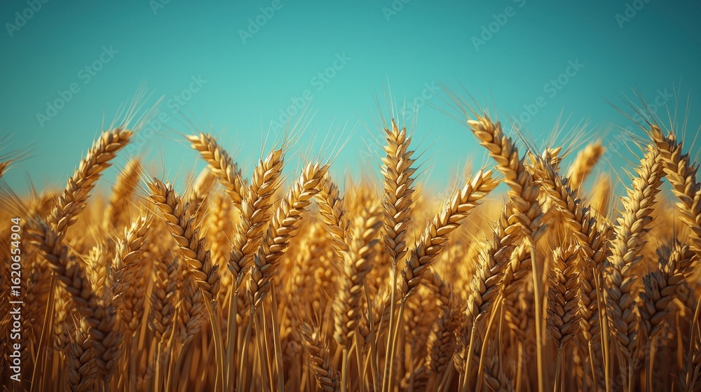 Fototapeta premium Golden wheat field under a vibrant blue sky