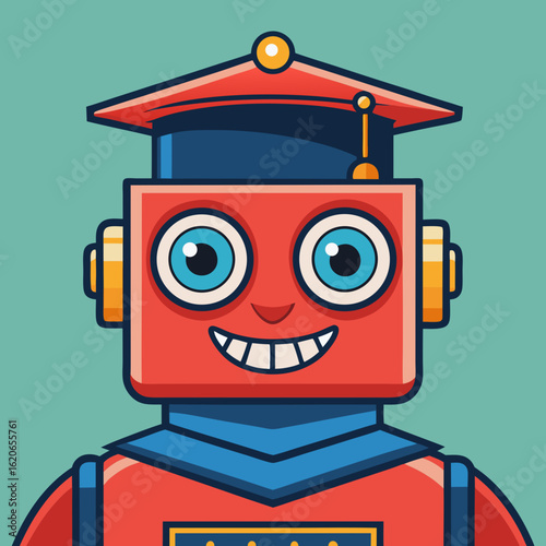 Friendly red robot wearing a graduation cap and blue collar
