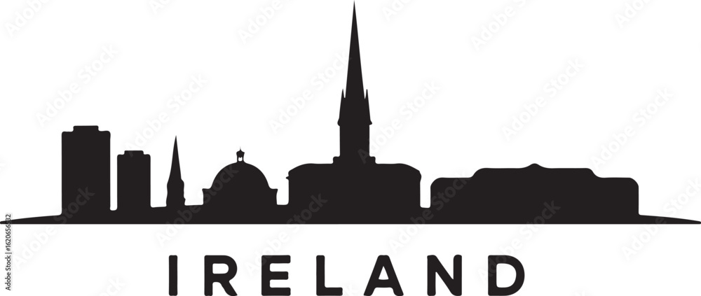 Fotografie Minimalist Black and White Dublin Skyline Silhouette with Ireland Text