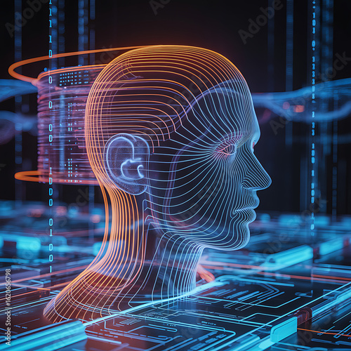 Futuristic digital human head made of glowing neural connections representing artificial intelligence and advanced technology