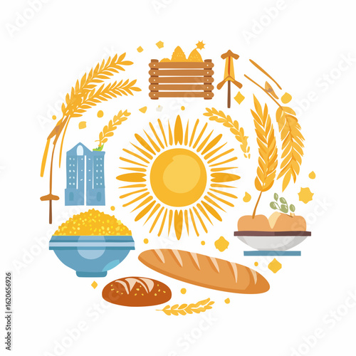 A circular composition of flat icons illustrating the entire wheat production cycle, from sun-ripened grain to freshly baked bread